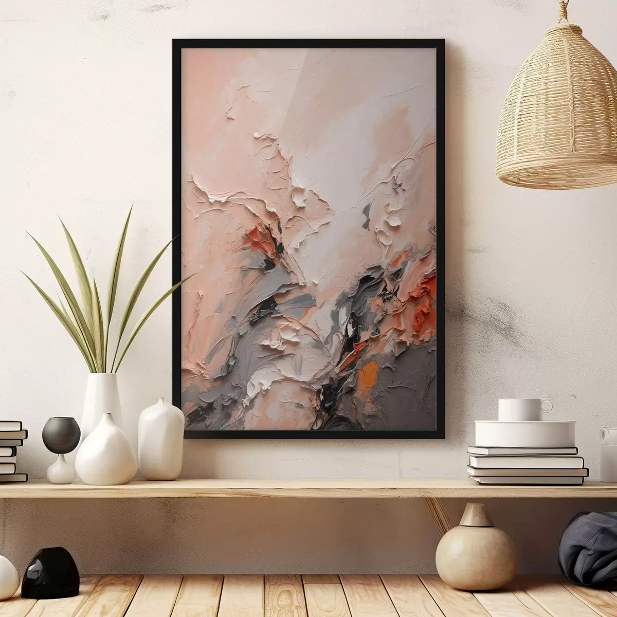 Plakāts Abstrakcija persikīgi pelēkos toņos ar teksturētiem triepieniem f44873