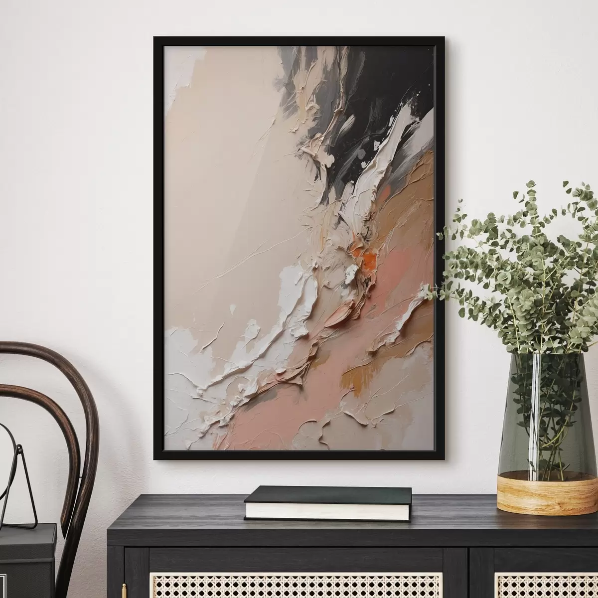 Plakāts Bēša un melna abstrakcija ar rozā un baltiem akcentiem f44875