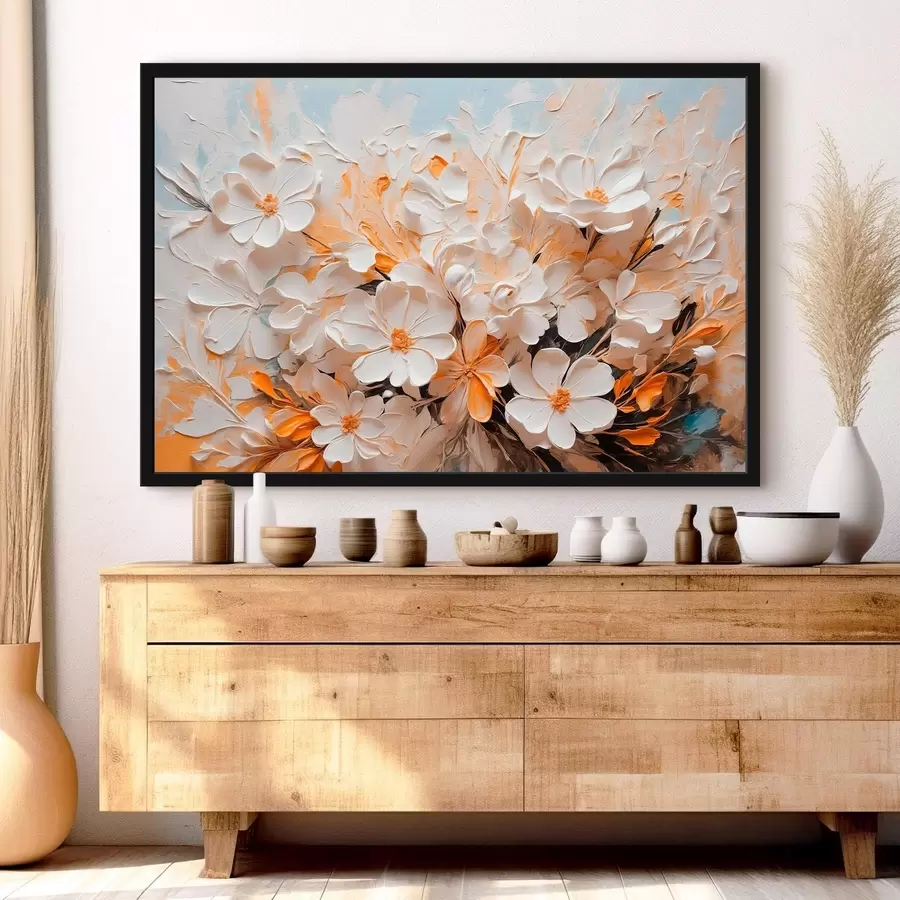 Fototapetes Balti un persiku ziedi uz zila fona ar pasteļtoņiem f44879