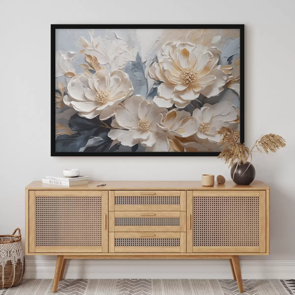 Plakāts Apjomīgas krēma peonijas uz gaiši zila fona f44880