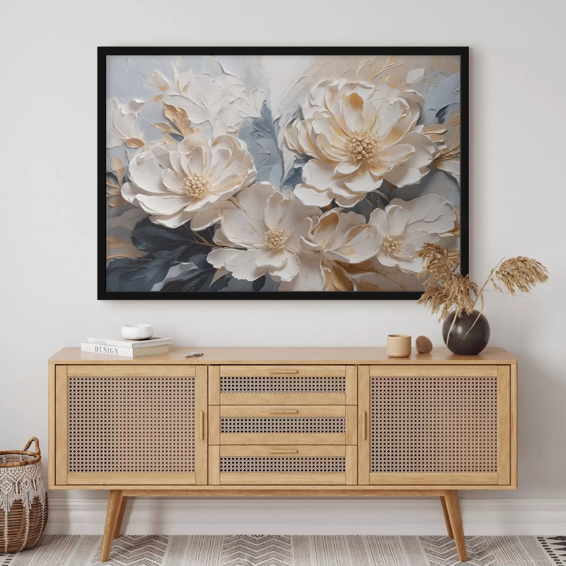 Fototapetes Apjomīgas krēma peonijas uz gaiši zila fona f44880