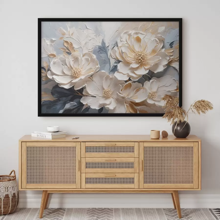 Fototapetes Apjomīgas krēma peonijas uz gaiši zila fona f44880