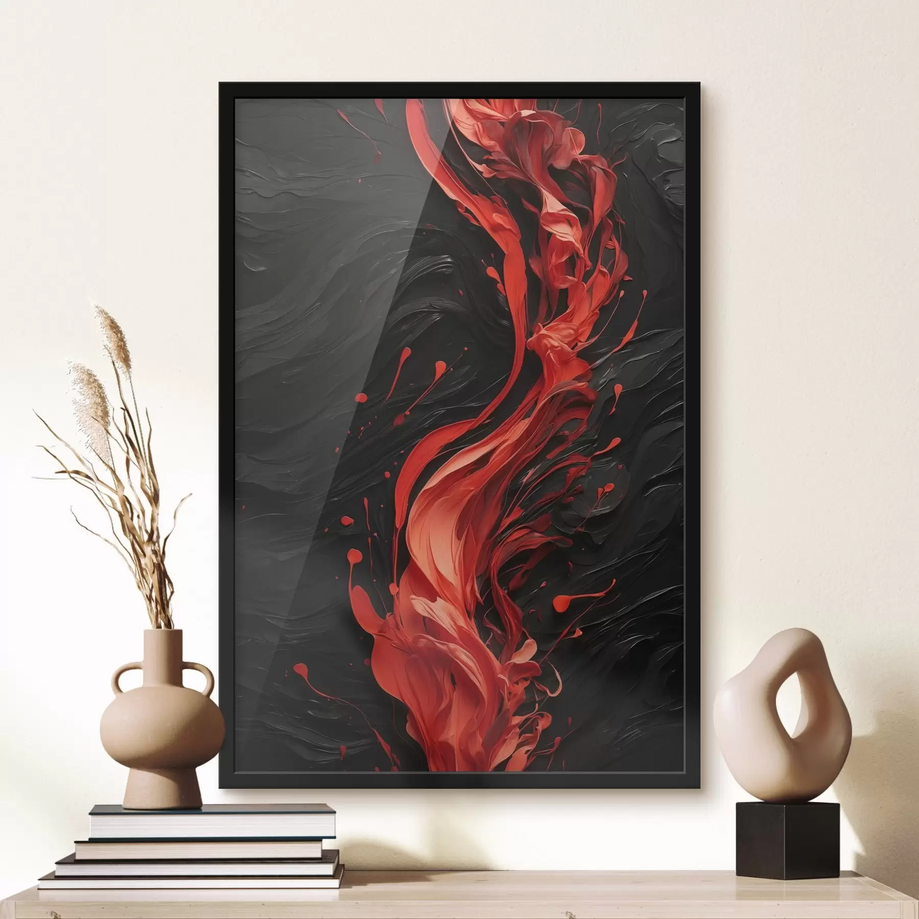 Fototapetes Sarkana krāsas straume uz melna abstrakta fona f44889