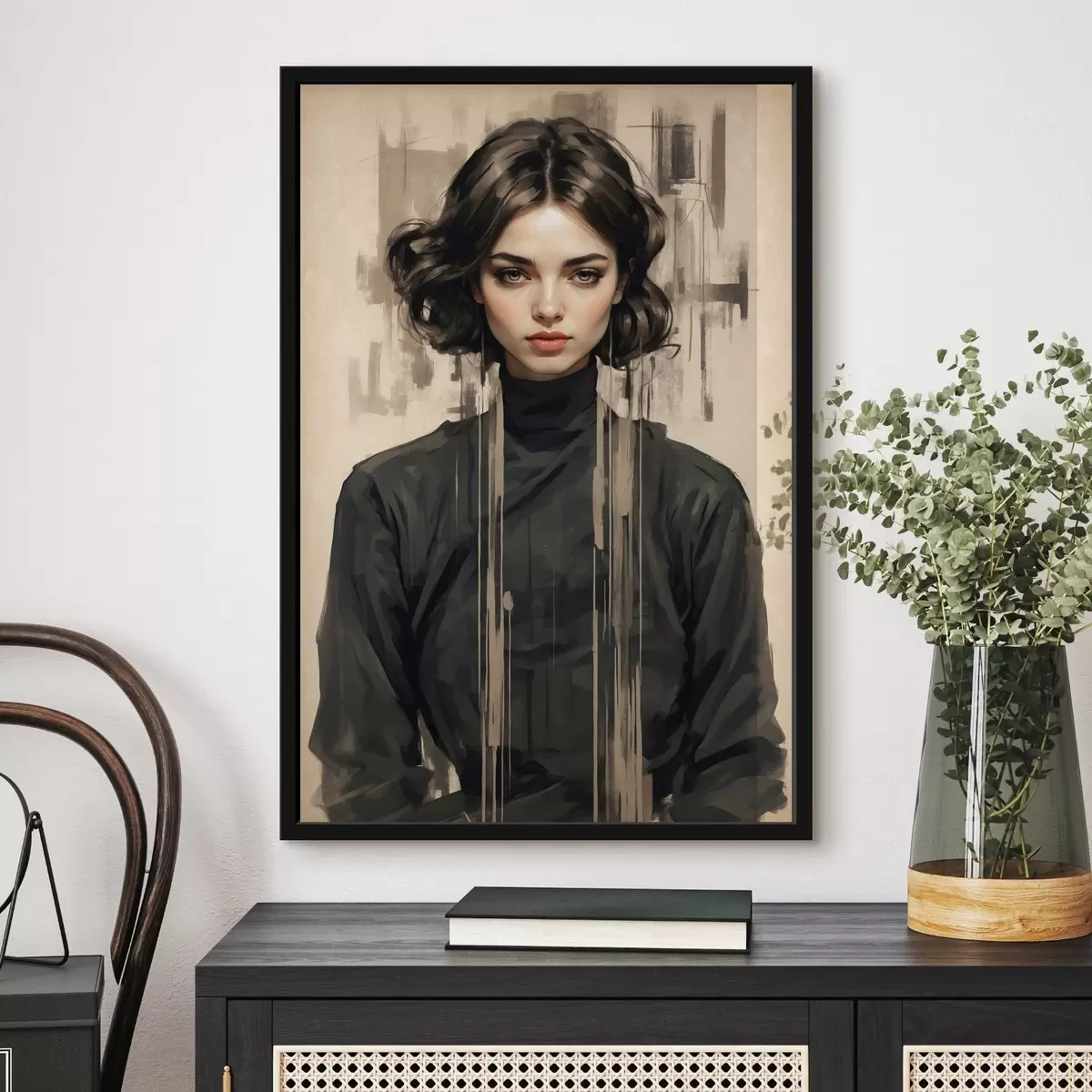 Plakāts Sievietes portrets ar īsiem tumšiem matiem uz abstrakta fona f44890