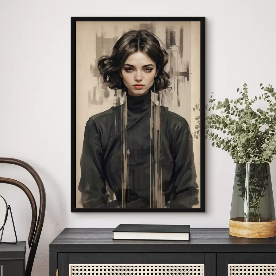 Fototapetes Sievietes portrets ar īsiem tumšiem matiem uz abstrakta fona f44890