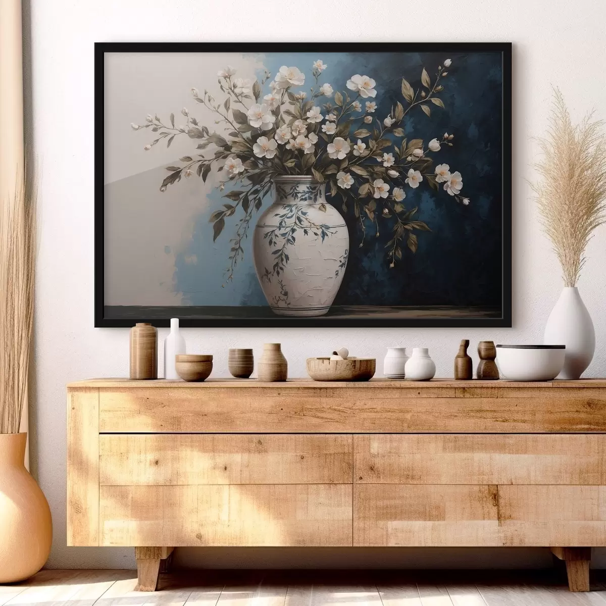 Plakāts Balti un dzelteni ziedi lielā vāzē uz zila fona f44893