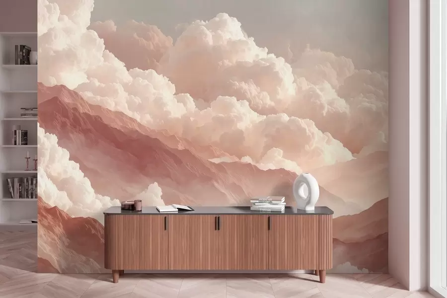 Fototapetes Silts saullēkts virs kalniem ar pūkainiem mākoņiem w09226