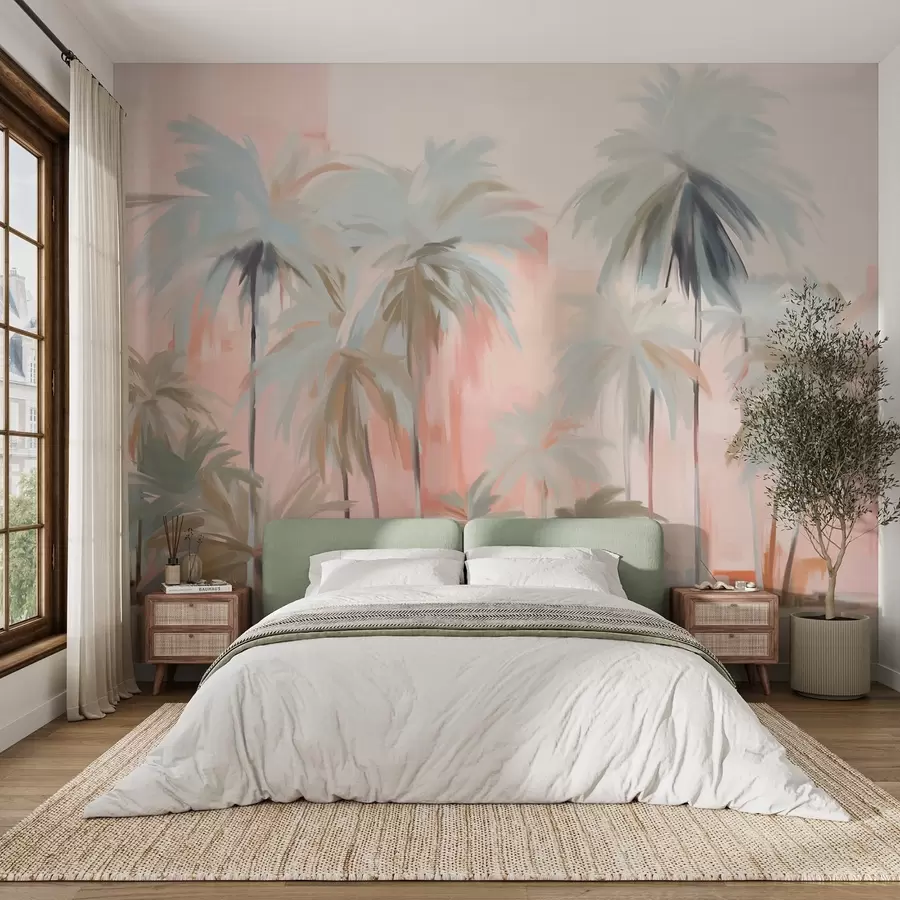 Fototapetes Abstraktas minimālistiskas pasteļkrāsas tropu palmas uz maigi rozā un persiku nokrāsu fona w09212