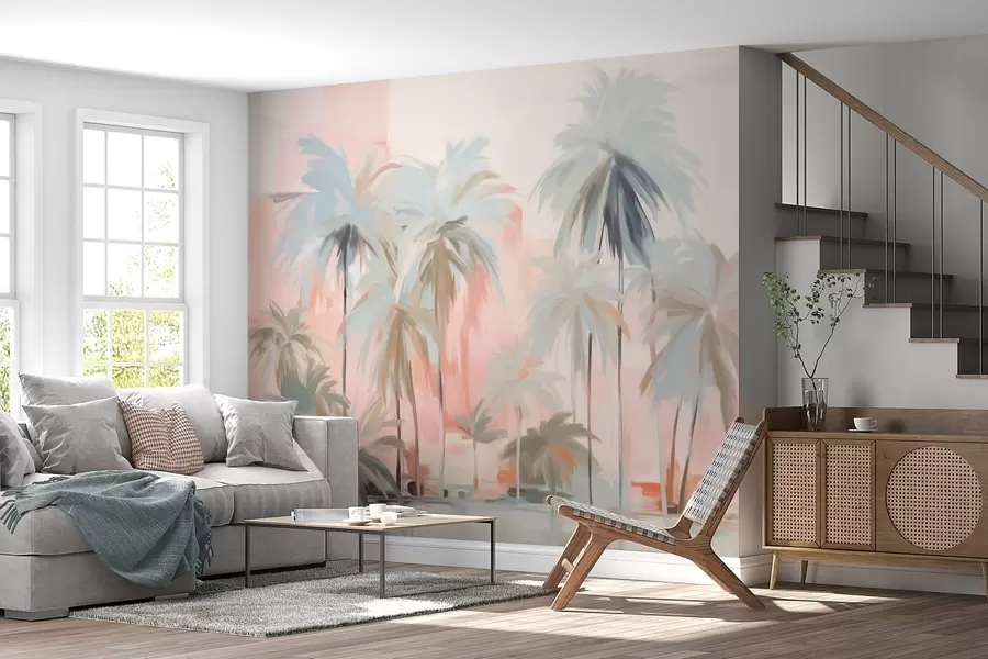 Fototapetes Abstraktas minimālistiskas pasteļkrāsas tropu palmas uz maigi rozā un persiku nokrāsu fona w09212