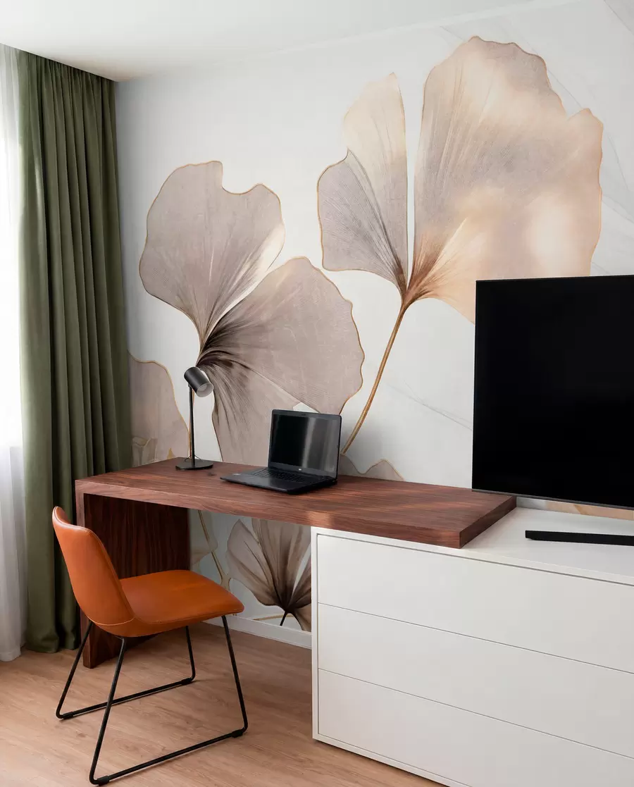 Fototapetes Ginkgo biloba lapas smilškrāsas, dzeltenos un brūnos toņos, smalks tekstūras akvareļa efekts, gaišs fons w09215