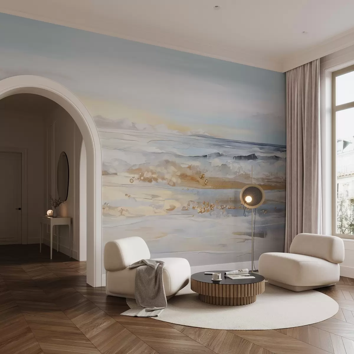 Fototapetes Abstraktā faktūra ainava okeāna viļņi, kas plūst smilšainā pludmalē, maigas pasteļkrāsas, zilas debesis ar gaišiem mākoņiem w09234