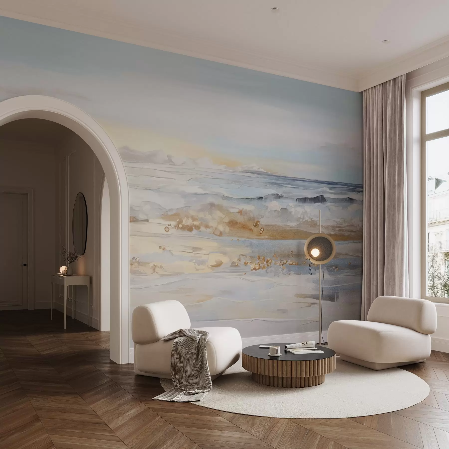 Fototapetes Abstraktā faktūra ainava okeāna viļņi, kas plūst smilšainā pludmalē, maigas pasteļkrāsas, zilas debesis ar gaišiem mākoņiem w09234