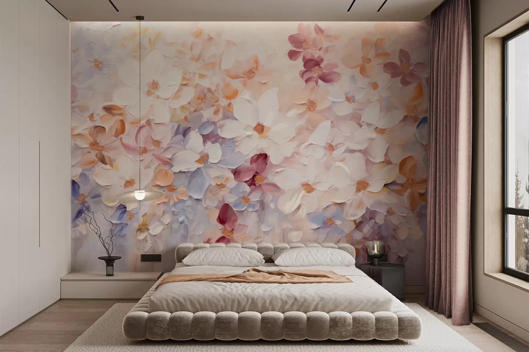 Fototapetes Eļļas glezniecības imitācija ziedu dārza ar baltiem, rozā un oranžiem ziediem, maigi triepieni ar otu, pasteļkrāsas, piesātinātas krāsas w09236