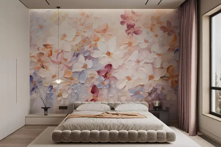 Fototapetes Eļļas glezniecības imitācija ziedu dārza ar baltiem, rozā un oranžiem ziediem, maigi triepieni ar otu, pasteļkrāsas, piesātinātas krāsas w09236