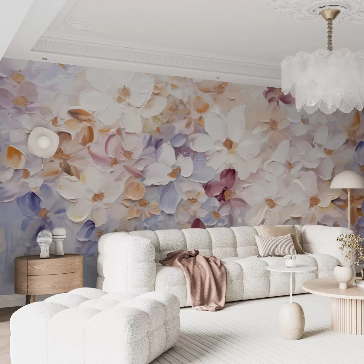 Fototapetes Eļļas glezniecības imitācija ziedu dārza ar baltiem, rozā un oranžiem ziediem, maigi triepieni ar otu, pasteļkrāsas, piesātinātas krāsas w09236