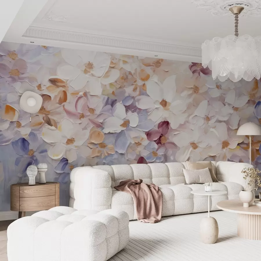 Fototapetes Eļļas glezniecības imitācija ziedu dārza ar baltiem, rozā un oranžiem ziediem, maigi triepieni ar otu, pasteļkrāsas, piesātinātas krāsas w09236