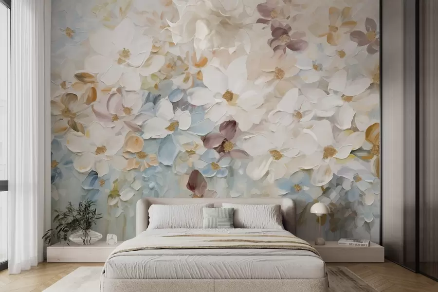 Fototapetes Eļļas glezniecības imitācija ziedu dārza ar baltiem, ziliem un oranžiem ziediem, maigi triepieni, pasteļtoņi, pieklusinātas krāsas w09236v1