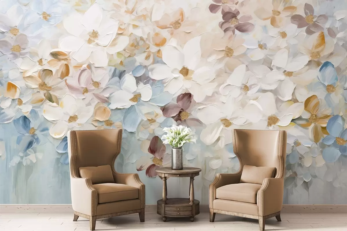 Fototapetes Eļļas glezniecības imitācija ziedu dārza ar baltiem, ziliem un oranžiem ziediem, maigi triepieni, pasteļtoņi, pieklusinātas krāsas w09236v1