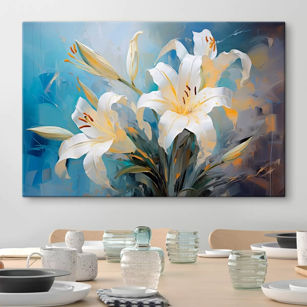 Glezna Abstraktas lilijas uz krāsaina fona mākslas stilā s44849