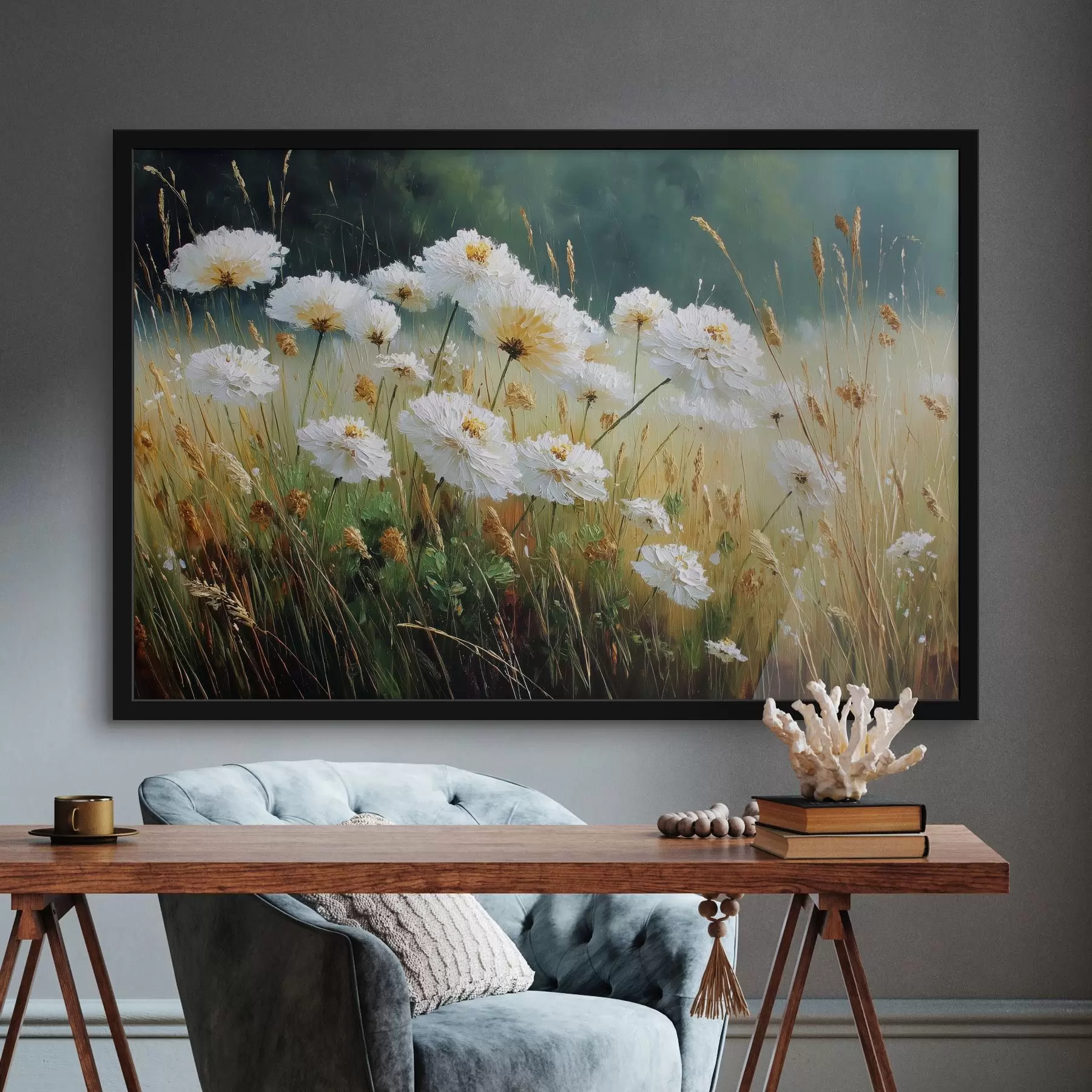 Fototapetes Balti ziedi pļavā eļļas stilā f44842