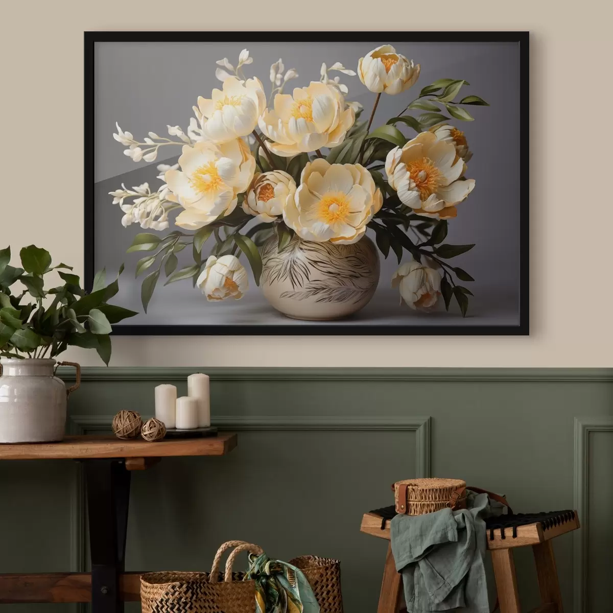 Plakāts Smalki ziedi ar dzelteniem centriem rakstainā vāzē f44847