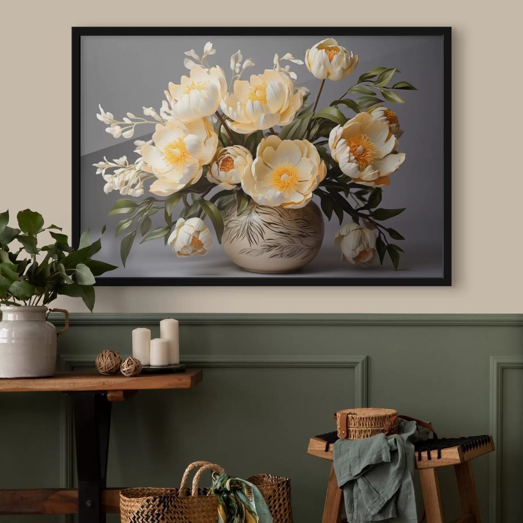 Fototapetes Smalki ziedi ar dzelteniem centriem rakstainā vāzē f44847