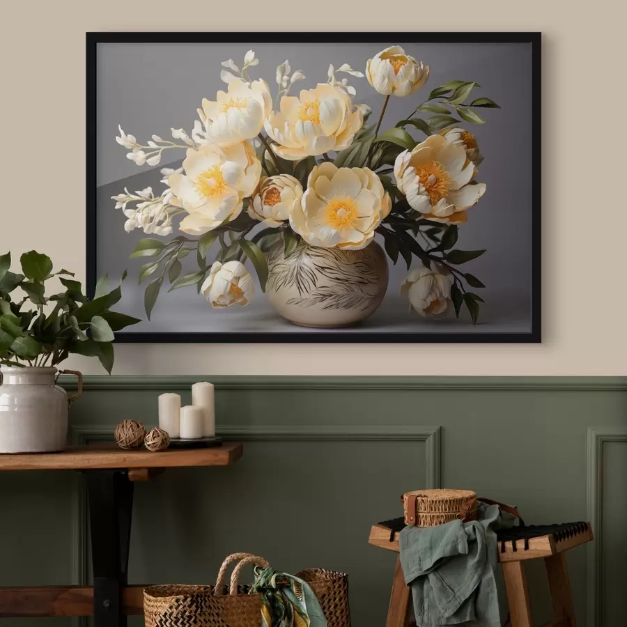 Fototapetes Smalki ziedi ar dzelteniem centriem rakstainā vāzē f44847