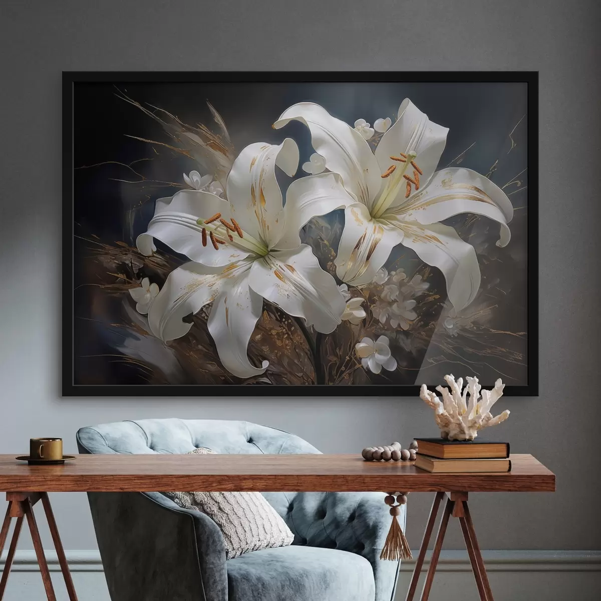 Plakāts Liliju ziedi uz tumša fona ar dekoratīviem elementiem f44848