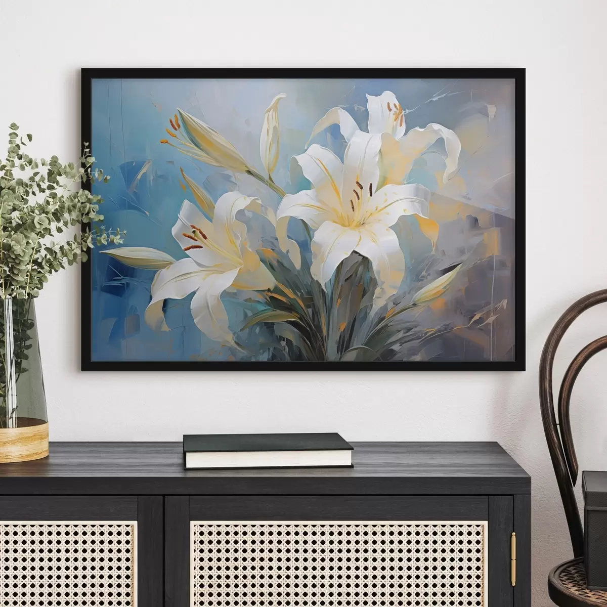 Plakāts Abstraktas lilijas uz krāsaina fona mākslas stilā f44849