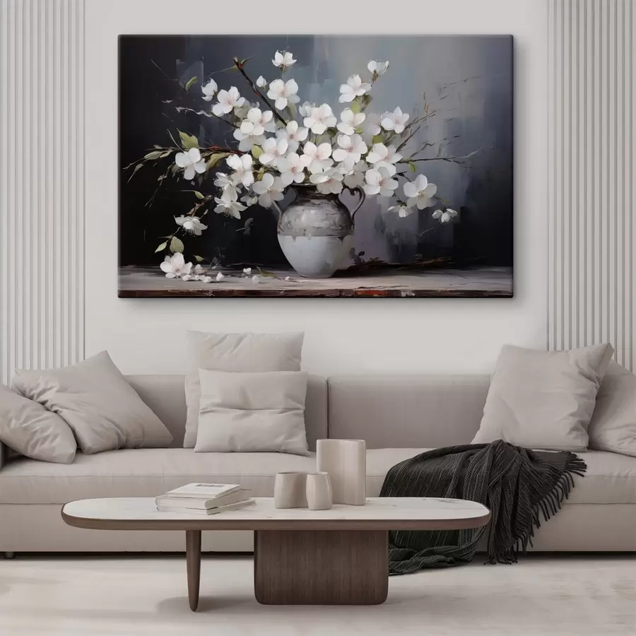 Glezna Ziedoši zari vāzē uz tumša fona gleznainā stilā s44949