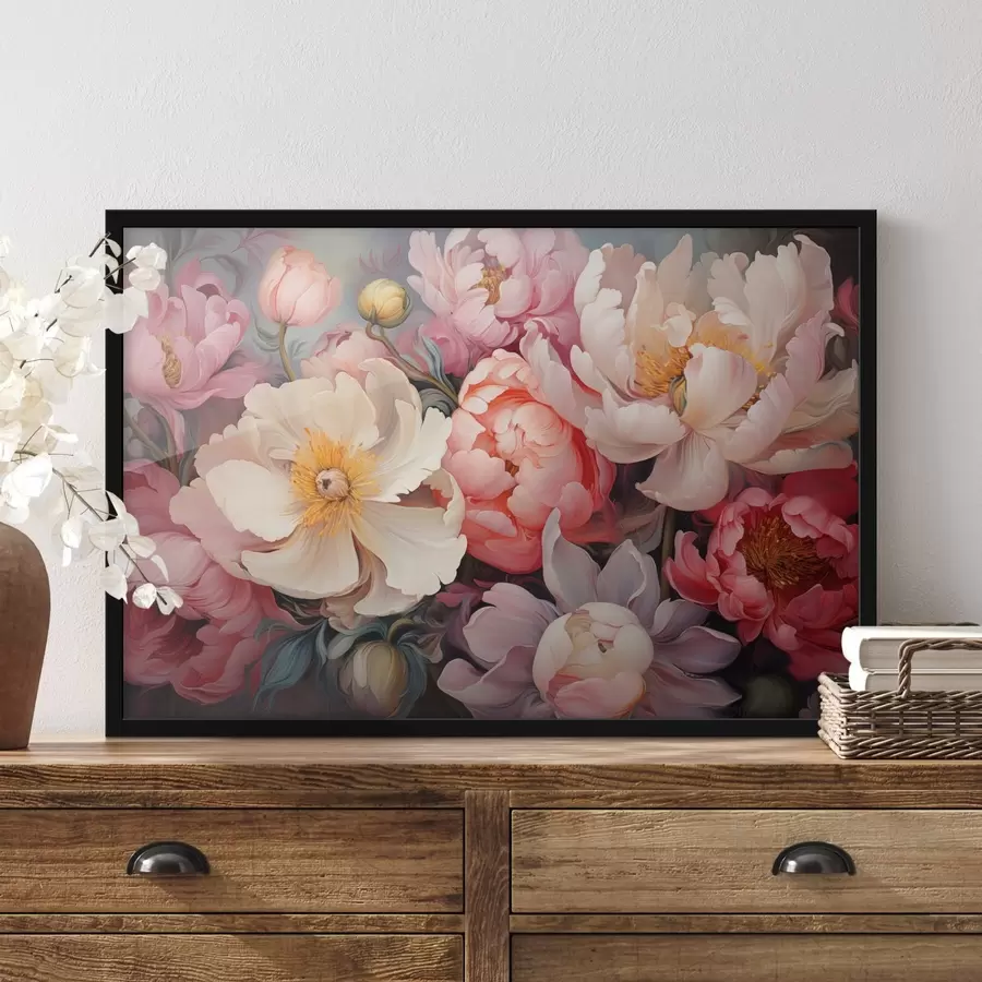 Fototapetes Sulīgas peonijas rozā toņos eļļas gleznošanas stilā f44936