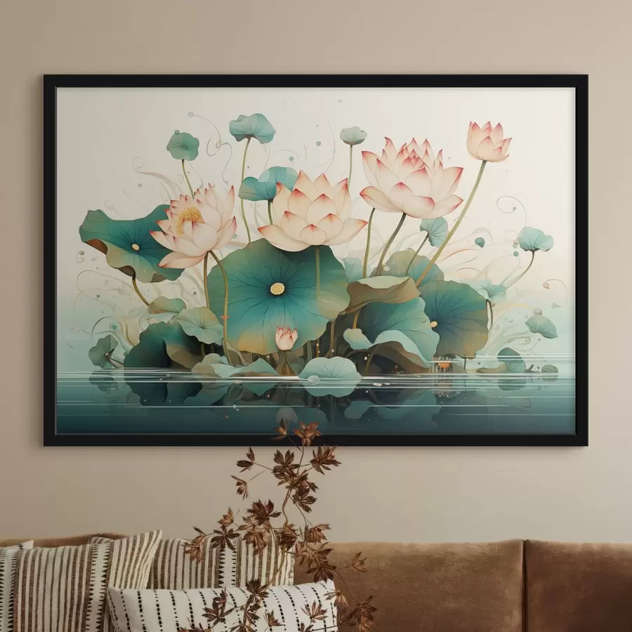 Fototapetes Lotusi ar lielām lapām ilustrāciju stilā f44939