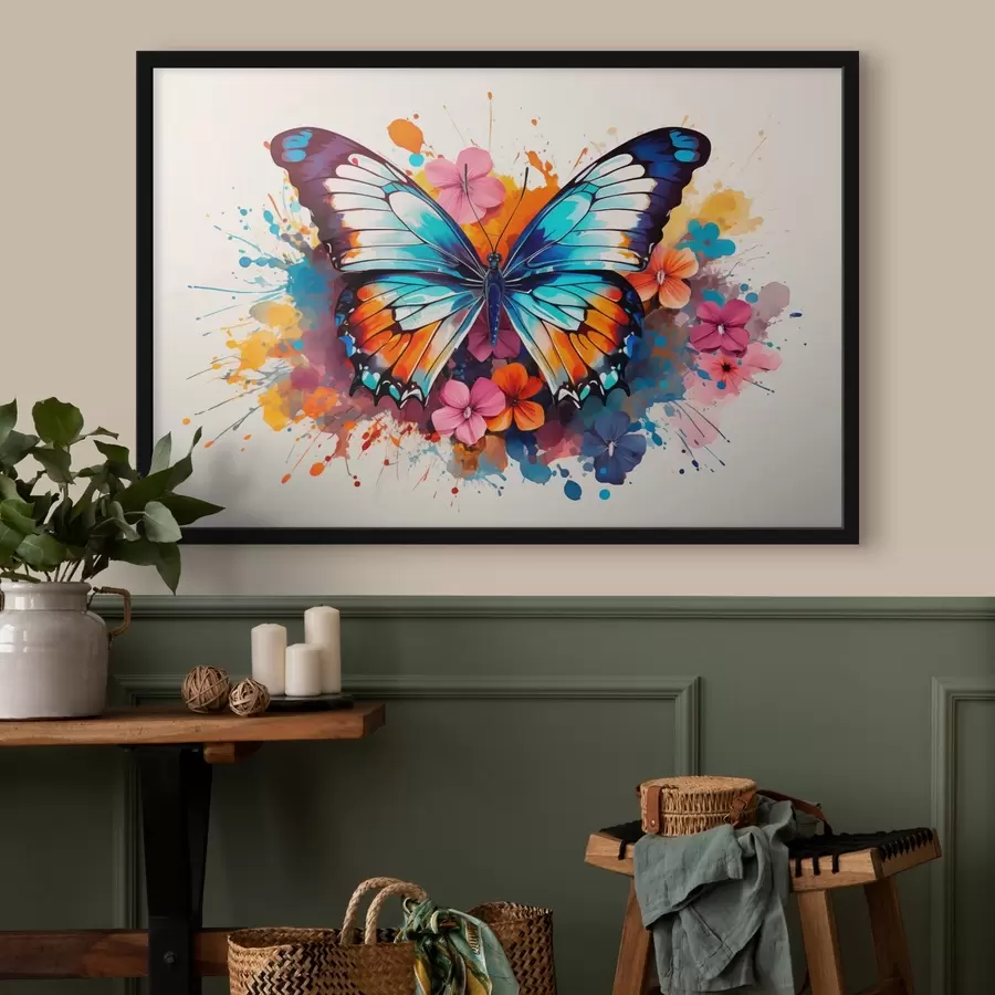 Fototapetes Dinamiska kompozīcija no tauriņa un ziedu traipiem mākslas stilā f44943