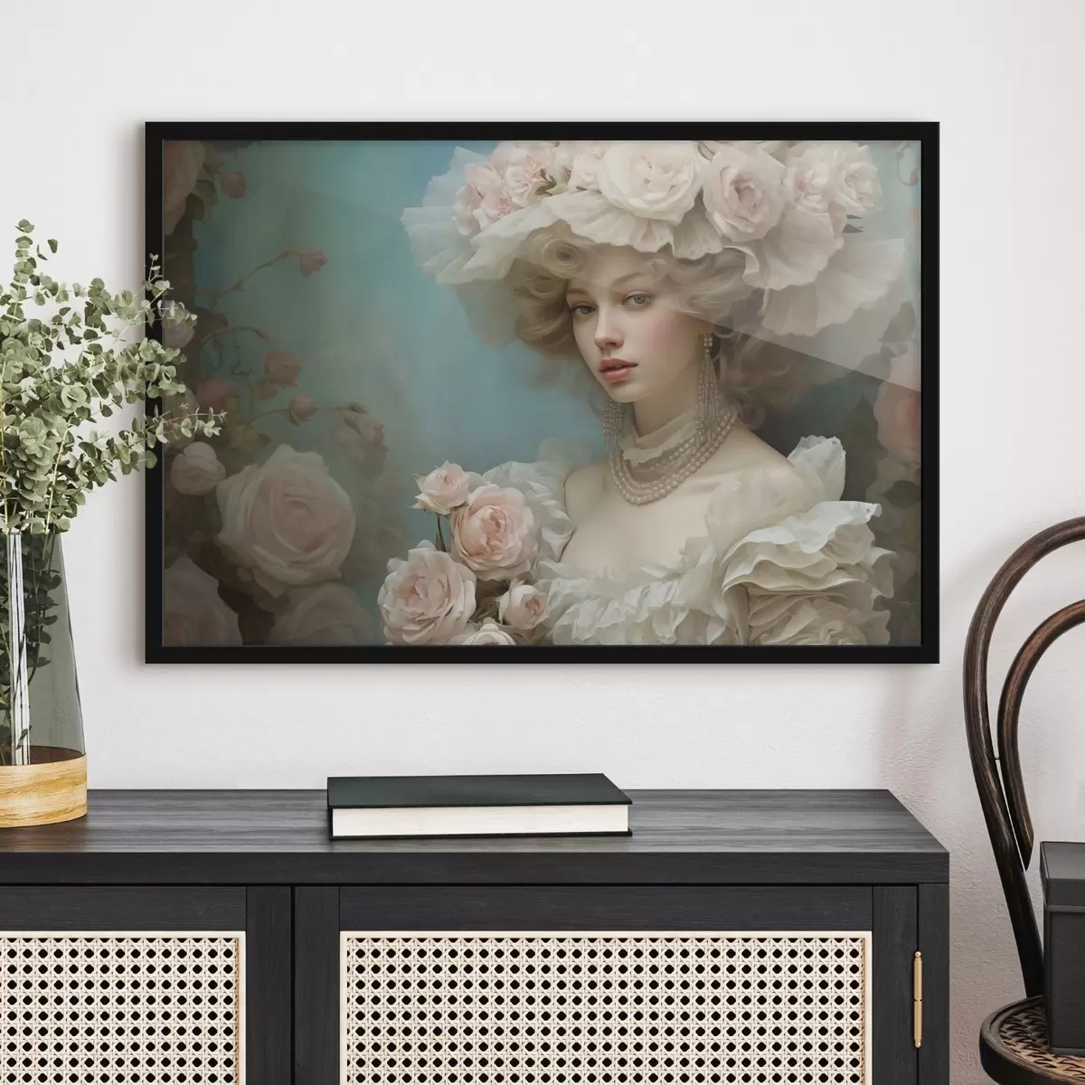 Plakāts Eleganta dāma cepurē ar ziediem mākslinieciskā stilā f44944