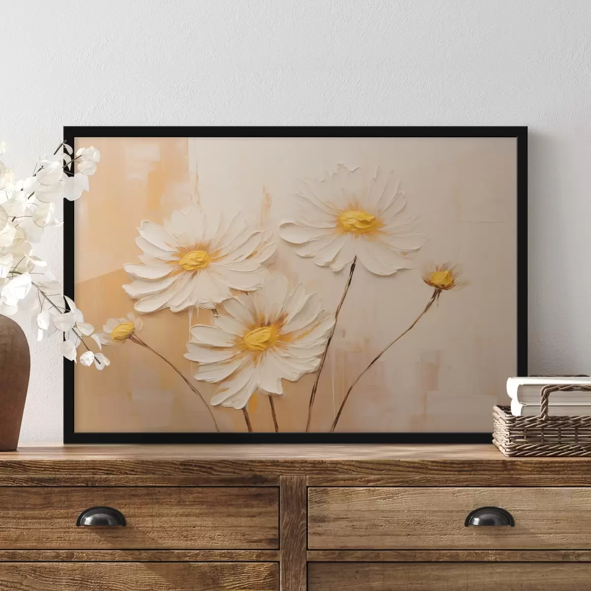 Plakāts Abstraktie ziedi uz oranža fona eļļas gleznošanas stilā f44945