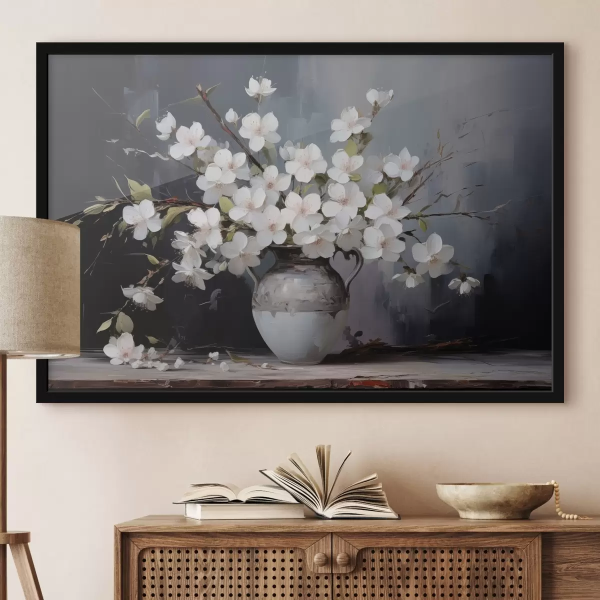 Plakāts Ziedoši zari vāzē uz tumša fona gleznainā stilā f44949
