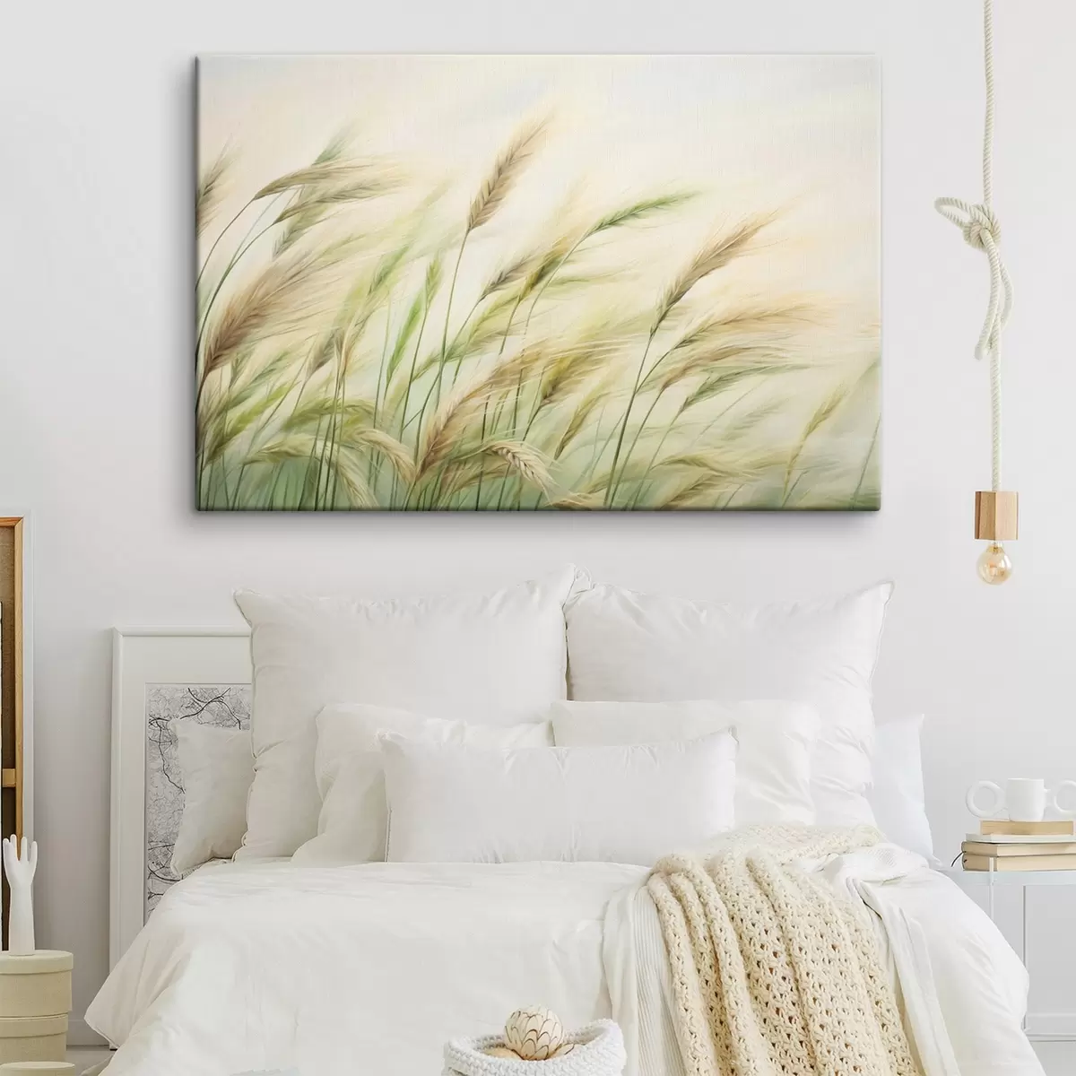 Glezna Kviešu lauks ar dzelteniem un zaļiem graudu graudiem, maigi triepieni un viegla krāsu palete, dabiska atmosfēra s44923