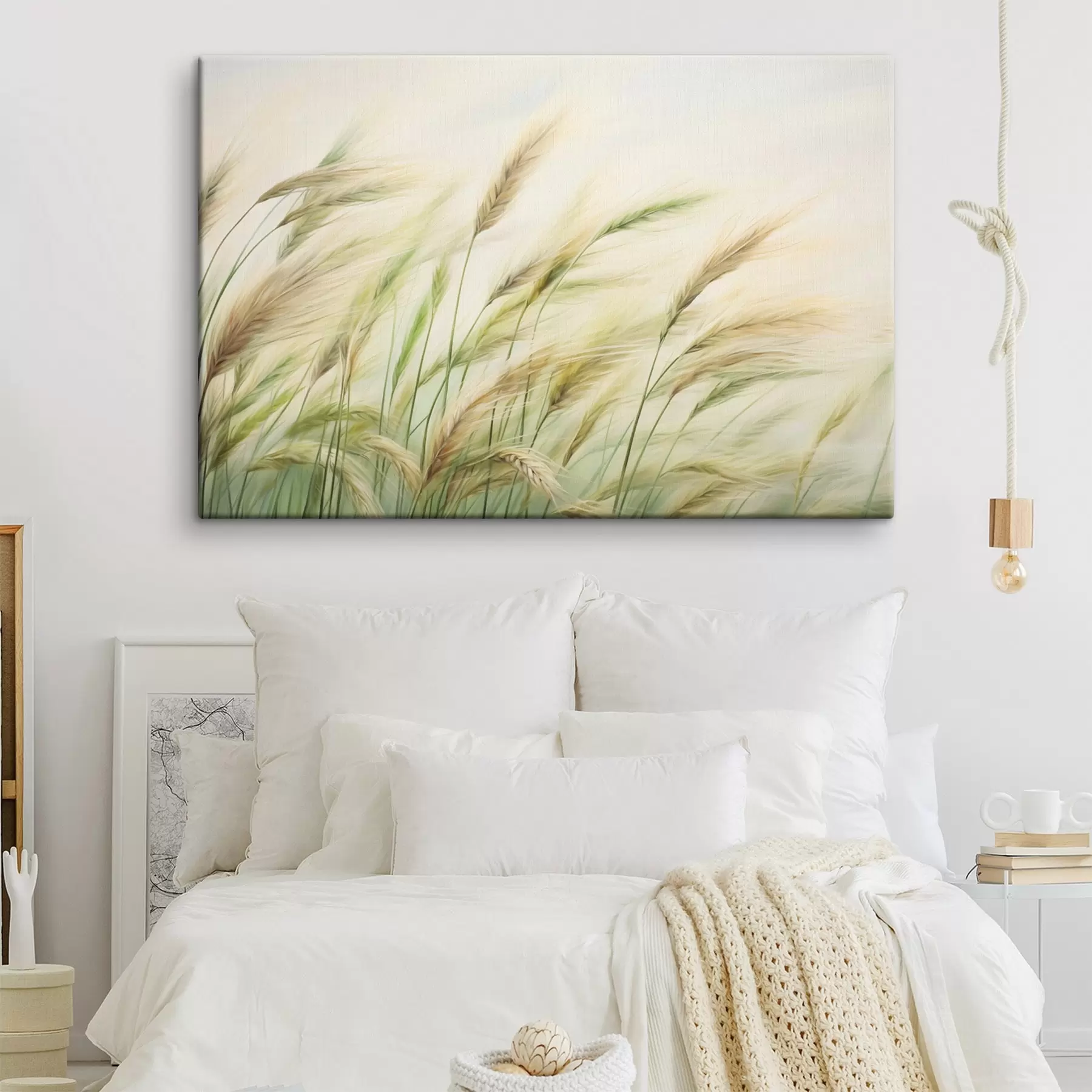 Glezna Kviešu lauks ar dzelteniem un zaļiem graudu graudiem, maigi triepieni un viegla krāsu palete, dabiska atmosfēra s44923