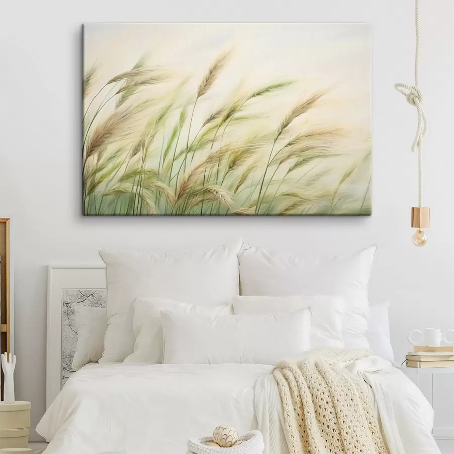Glezna Kviešu lauks ar dzelteniem un zaļiem graudu graudiem, maigi triepieni un viegla krāsu palete, dabiska atmosfēra s44923