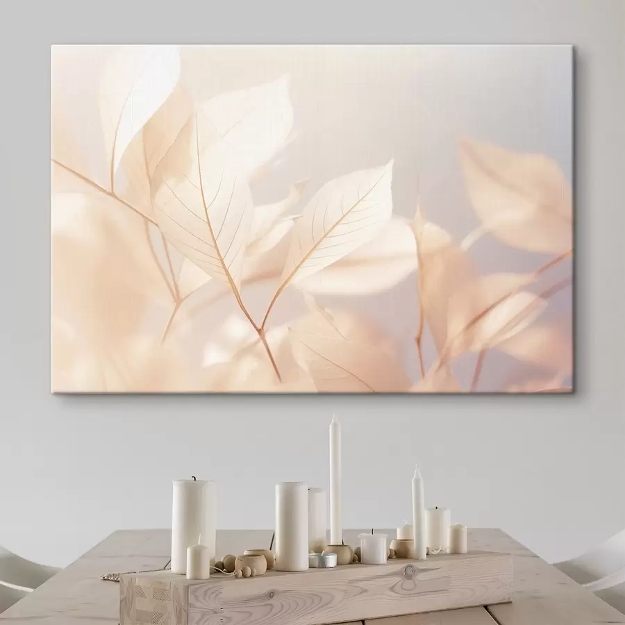 Fototapetes Caurspīdīgas lapas ar sarežģītiem dzīslu rakstiem, maiga pasteļkrāsu palete, ēterisks apgaismojums, minimālisma kompozīcija s44928