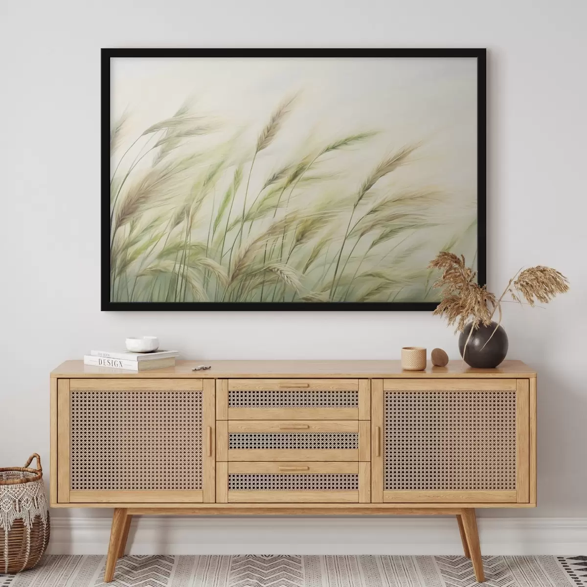 Plakāts Kviešu lauks ar dzelteniem un zaļiem graudu graudiem, maigi triepieni un viegla krāsu palete, dabiska atmosfēra f44923