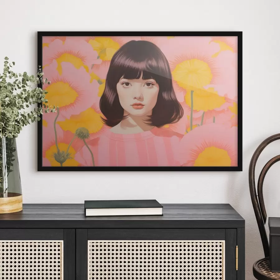 Fototapetes Dekoratīvs minimālisma stilā veidots aziātu meitenes portrets dzeltenu un rozā ziedu laukā f44924