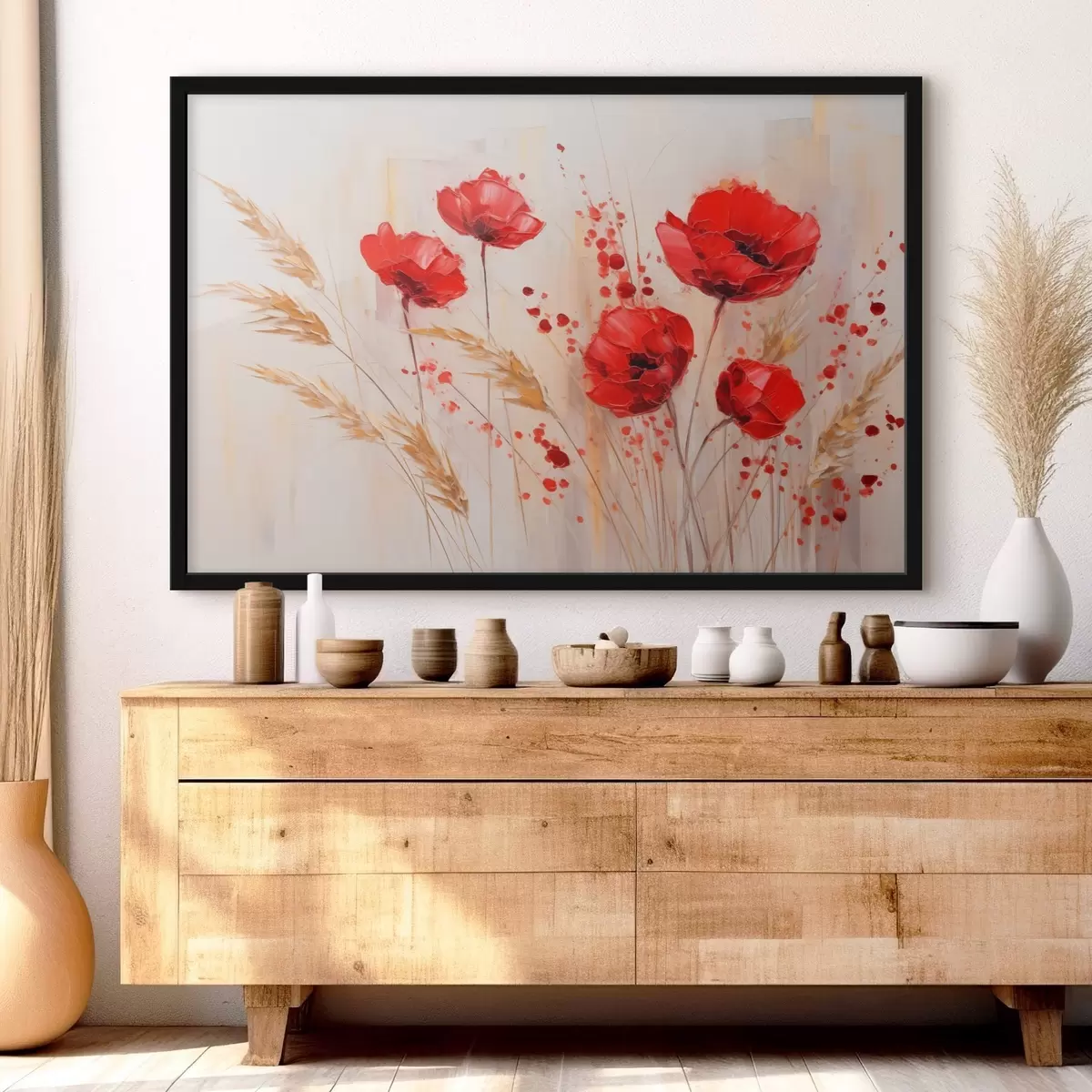 Plakāts Sarkani magoņu ziedi ar dzelteniem kviešu kātiņiem uz maiga, neitrāla fona ar sarkanas krāsas šļakatām f44926