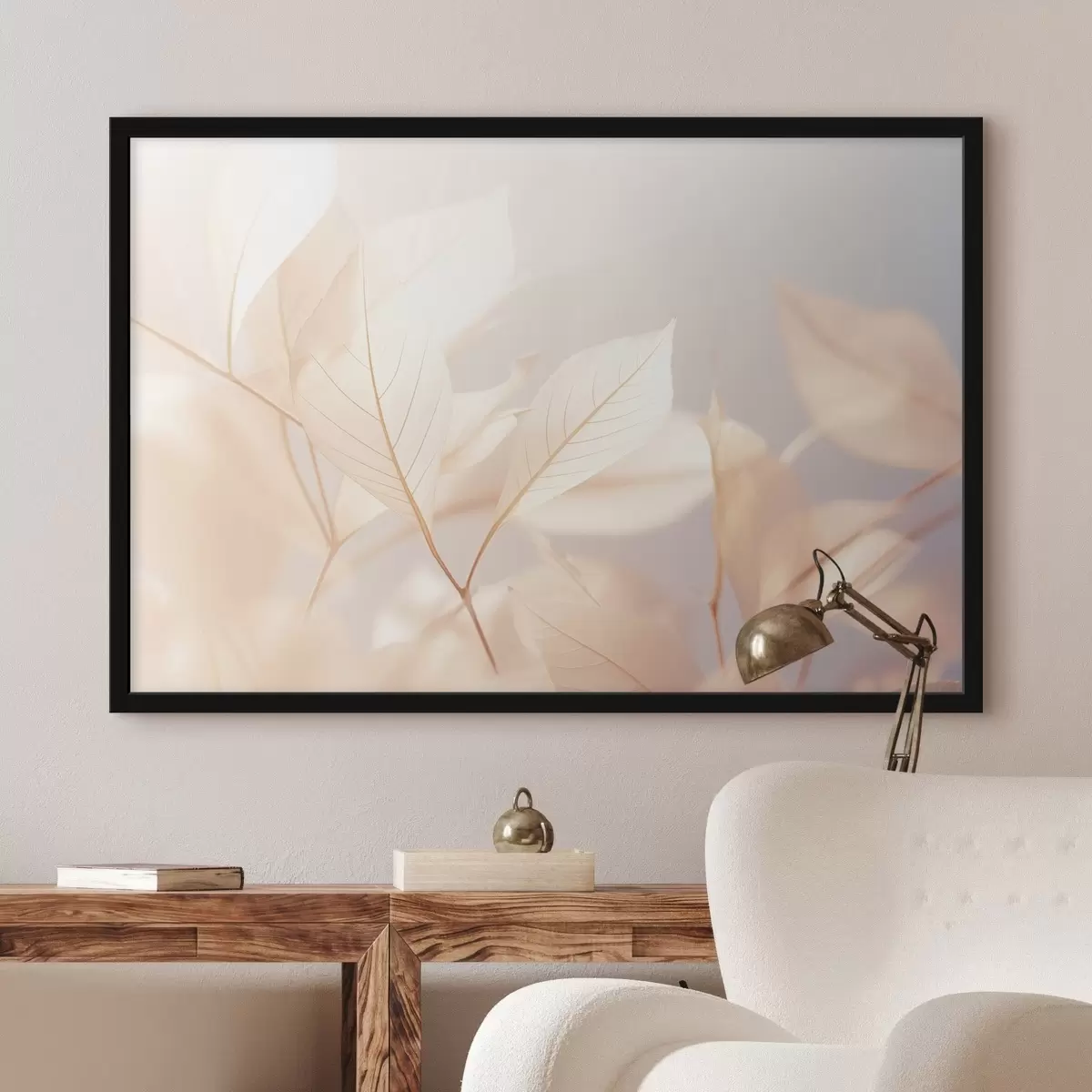 Plakāts Caurspīdīgas lapas ar sarežģītiem dzīslu rakstiem, maiga pasteļkrāsu palete, ēterisks apgaismojums, minimālisma kompozīcija f44928