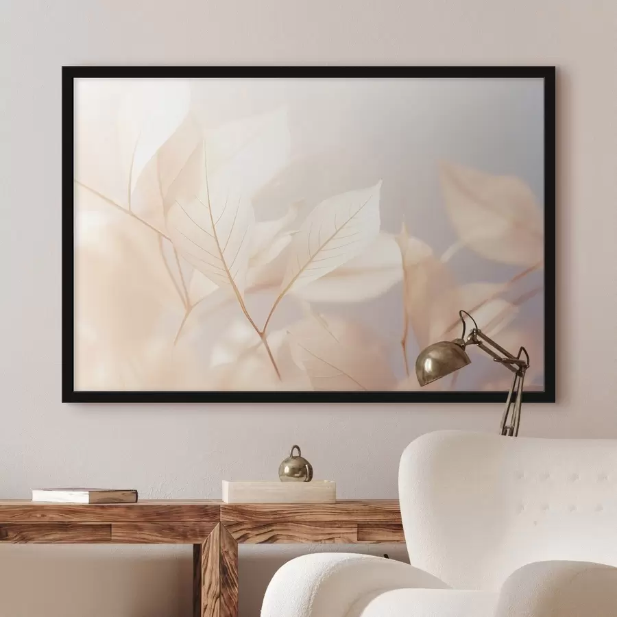 Fototapetes Caurspīdīgas lapas ar sarežģītiem dzīslu rakstiem, maiga pasteļkrāsu palete, ēterisks apgaismojums, minimālisma kompozīcija f44928