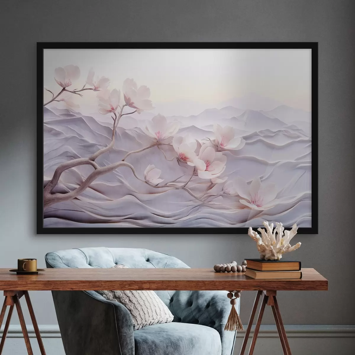 Plakāts Ziedu zars ar rozā ziediem, kalni fonā, maigas pasteļkrāsas, japāņu tekstūras māksla f44930