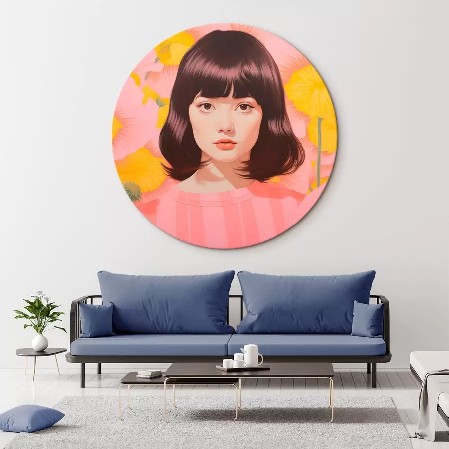 Glezna Dekoratīvs minimālisma stilā veidots aziātu meitenes portrets dzeltenu un rozā ziedu laukā r44924