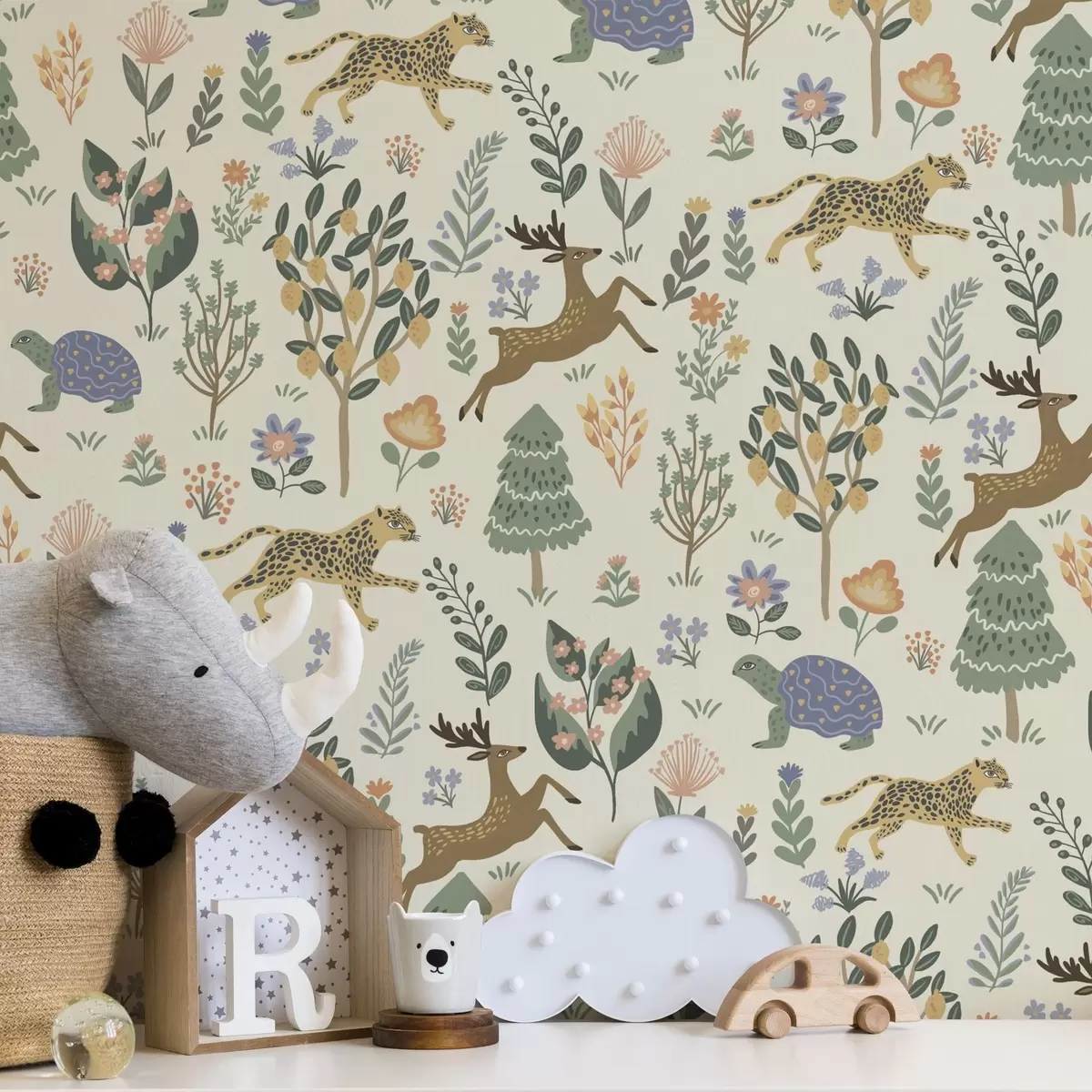 Tapetes Retro ilustrācija ar leopardiem, kokiem un briežiem a00184