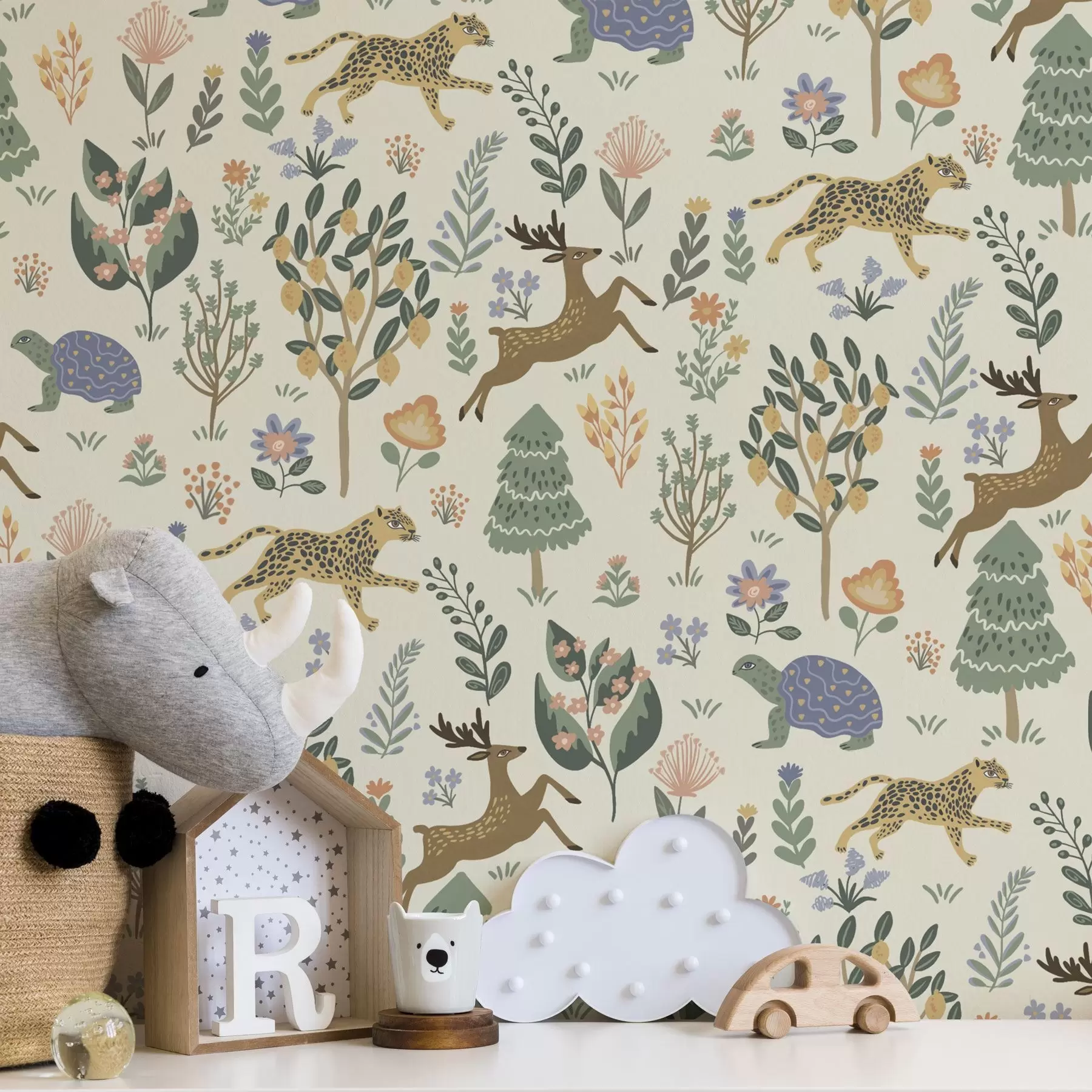 Fototapetes Retro ilustrācija ar leopardiem, kokiem un briežiem a00184