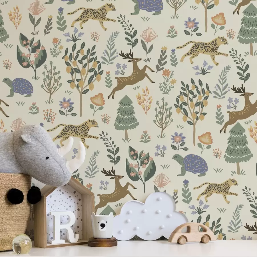 Fototapetes Retro ilustrācija ar leopardiem, kokiem un briežiem a00184